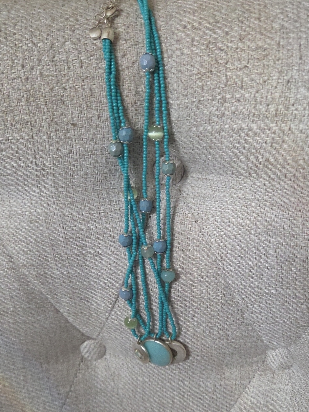 Liz Clairborne Turquoise Multi-Strand Beaded Necklace w/ Blue Stone Pendant 18"